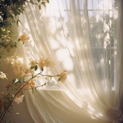 Sunlight floods through curtains, accentuating the soft blooms of an indoor plant in a serene setting
