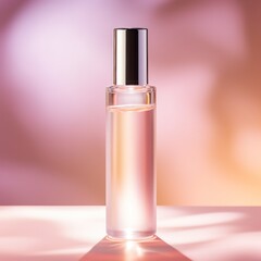 Tall and slender, clear glass perfume bottle showcased on a textured pink surface with elegant lighting