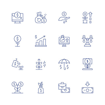 Investment line icon set on transparent background with editable stroke. Containing stock exchange, dollar tree, growth, leak, investment, insurance, business, equity, return on investment, operate.