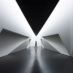 A single figure stands in a corridor where light and shadow create a stark geometric pattern