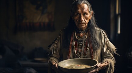 Fototapeta na wymiar A somber native american man contemplates while holding a bowl, garbed in cultural attire