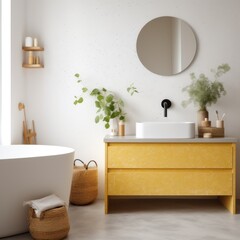 Elegant modern bathroom interior with stylish yellow vanity and mirror, complemented by greenery