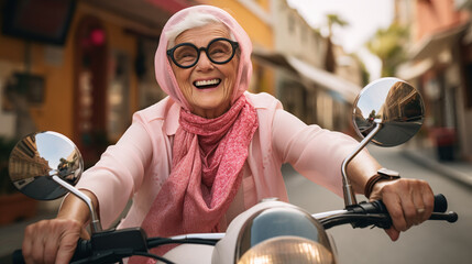 Happy old white woman on her 60 in the pink clothes and pink sunglasses driving yellow scooter on the street, retired granny enjoying summer vacation, trendy bike road trip, Women day, Mother day