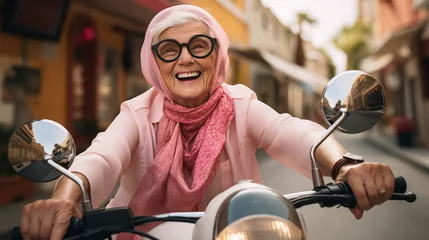 Photo sur Aluminium Scooter Happy old white woman on her 60 in the pink clothes and pink sunglasses driving yellow scooter on the street, retired granny enjoying summer vacation, trendy bike road trip, Women day, Mother day