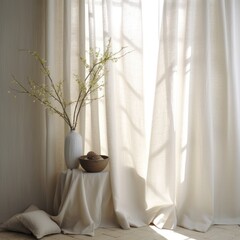 Elegant modern room featuring tall draperies, indoor plants in vases and a serene ambiance with soothing tones