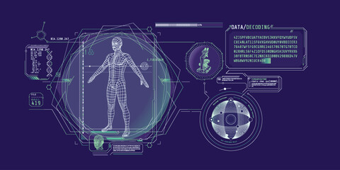 Medical research futuristic interface screen with data decoding.