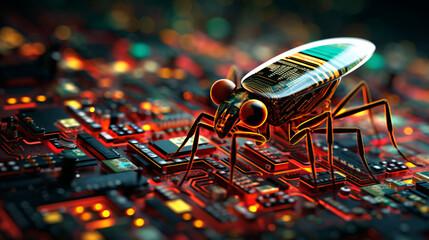 Close up view to computer bug perched on microchip symbolizing threat of software bugs and elusive nature of zero day vulnerabilities in software security, critical bug in computer software program - obrazy, fototapety, plakaty
