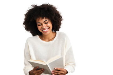 smiling mulatto woman reading a book