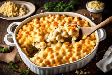 Bubbling macaroni and cheese in a casserole dish. 