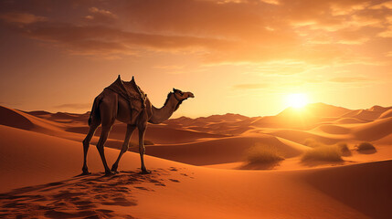 Lone camel stands of searing heat sandy desert watches at setting sun, camel symbolizes struggle against thirst, sweltering temperatures and unforgiving desert climate, endurance camel in desert - obrazy, fototapety, plakaty