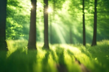 Defocused green trees in forest, wild grass and sun beams. Beautiful summer spring ,natural blurr background, 8k.