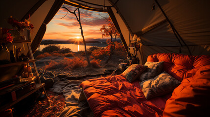 A peek from inside a tent in sunset.