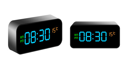 digital alarm clock with electronic digits which displays the hour minute temperature am pm. vector illustration isolated on white background