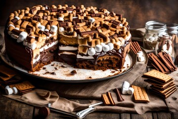 S'mores Cake, a campfire favorite with marshmallows, chocolate, and graham crackers.  - obrazy, fototapety, plakaty