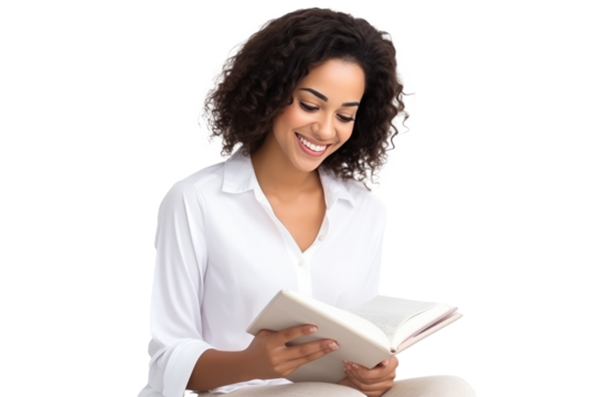 smiling mulatto woman reading a book