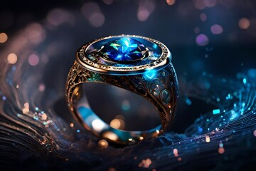 Close up view, An engagement ring with a holographic projection of your love story. 