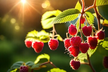 Close up view, fresh raspberry on tree in garden, sun light also present. 