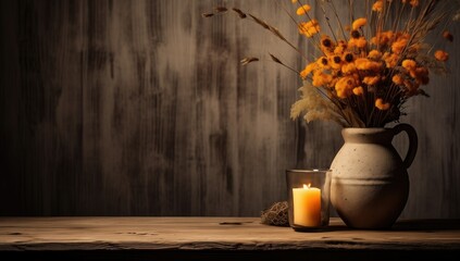 Rustic wooden table top adorned with dried flowers and orange leaves
