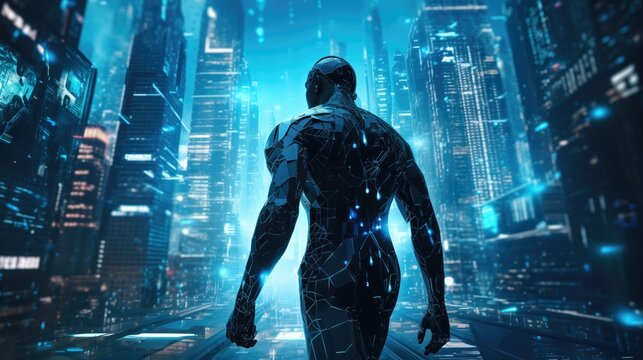 A futuristic black figure walks in a futuristic world, showcasing a visually striking fusion of art and technology. The sharp-focus, hyper-realistic image captures AI and robotics development