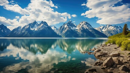A stunning mountain range with rugged peaks, breathtaking views, and dramatic shadows. The vibrant blue sky and fluffy white clouds reflect in the crystal-clear lake, creating a tranquil view