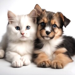 A kitten and a puppy are sitting together on a white background