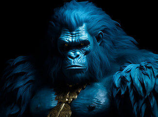 Gorilla warrior King in blue Feathers and fur, anger face, low light key, dramatic light, Serious face 