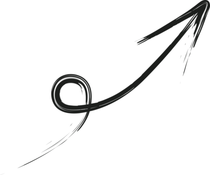 round curl with an arrow drawn with a brush with black ink, arrow curl by hand with a paint brush