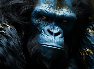 Gorilla warrior King in blue Feathers and fur, anger face, low light key, dramatic light, Serious face 