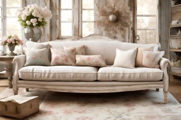 Infuse charm and grace into a shabby chic sofa scene, showcasing weathered elegance. 