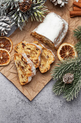 Christmas stollen with winter holidays decoration.