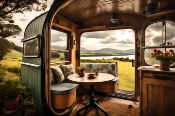 A vintage caravan back door with outdoor seating and a scenic view. 