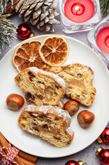 Christmas stollen with winter holidays decoration.