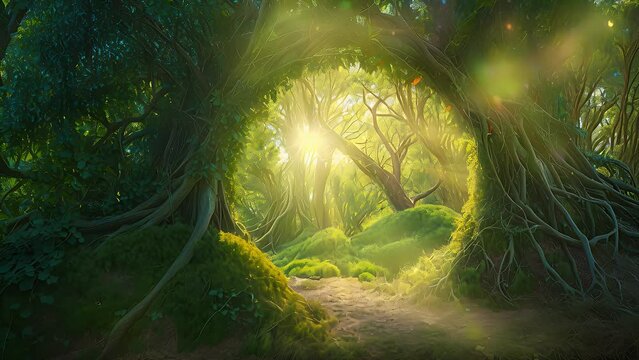 arch in an enchanted fairy forest landscape. Created with Generative AI.	