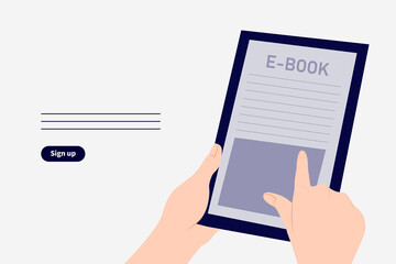 Simple illustration style e-book website material design, simulating users using e-books.