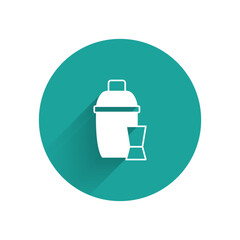 White Cocktail shaker with cocktail glass icon isolated with long shadow. Green circle button. Vector