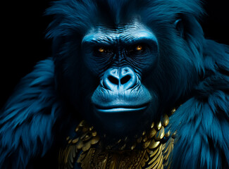 Gorilla warrior King in blue Feathers and fur, anger face, low light key, dramatic light, Serious face 