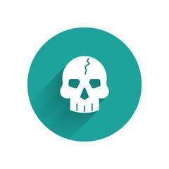 White Skull icon isolated with long shadow background. Pirate captain. Happy Halloween party. Green circle button. Vector