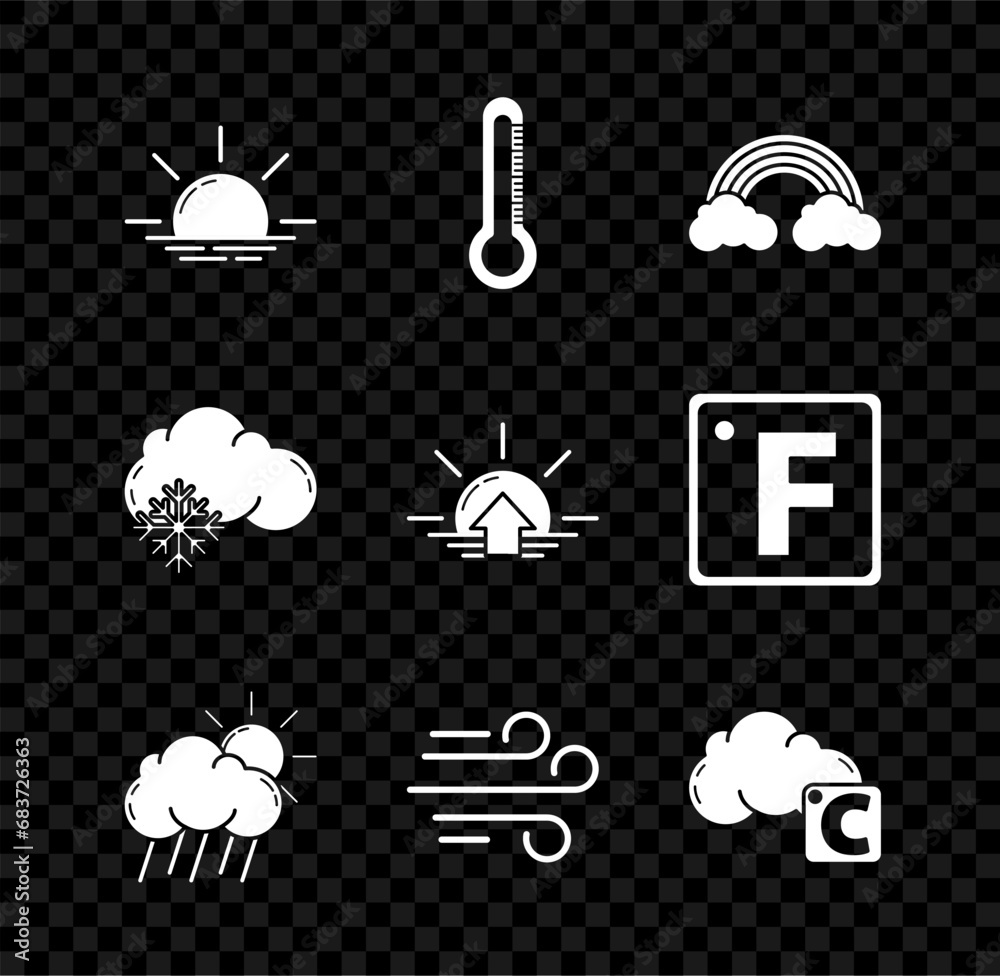 Sticker Set Sunrise, Thermometer, Rainbow with clouds, Cloud rain and sun, Wind, Celsius, snow and icon. Vector