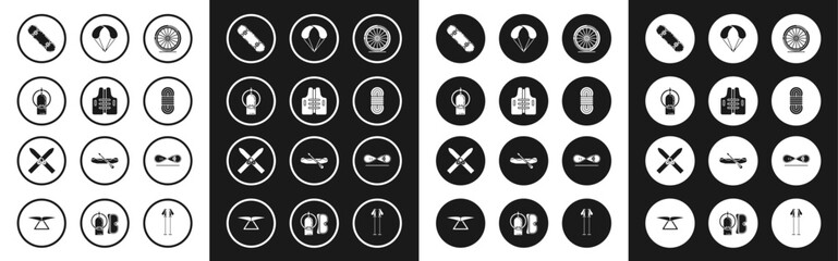 Set Bicycle wheel, Life jacket, Aqualung, Skateboard trick, Climber rope, Parachute, and Ski and sticks icon. Vector