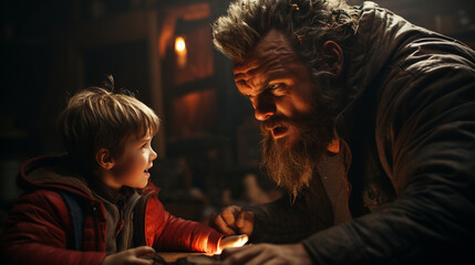 Angry small boy and adult man.