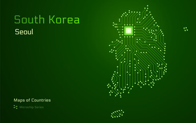 South Korea Map with a capital of Seoul Shown in a Microchip Pattern. E-government. World Countries vector maps. Microchip Series	