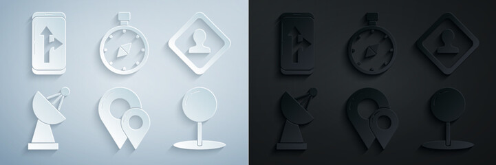 Set Map pin, Road traffic sign, Radar, Push, Compass and Infographic of city map navigation icon. Vector
