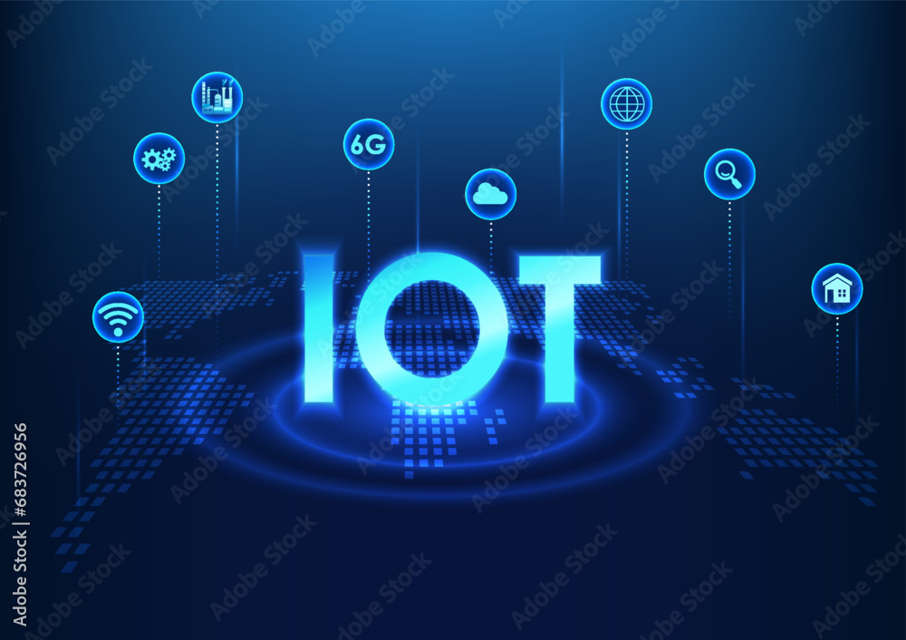 Poster internet of things technology iot is placed on the world map with icons shows the connection of devi