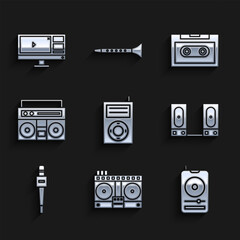 Set Music MP3 player, Stereo speaker, Microphone, Home stereo with two speakers, Retro audio cassette tape and Video recorder editor software monitor icon. Vector