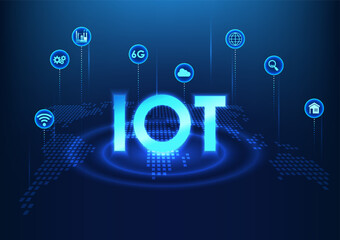 Internet of Things technology IoT is placed on the world map with icons Shows the connection of devices through cloud systems that can be used around the world via internet signals.