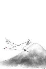 水彩風の富士山と空を飛ぶ鶴の年賀状イラスト