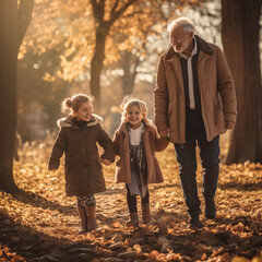 Happy Grandparents Taking a Leisurely Walk in the Park, Surrounded by the Laughter and Energy of Their Delightful Grandchildren, Family Bonding and Shared Moments.
