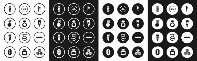 Set Hairbrush, Aftershave, Hairdresser pistol spray bottle, Classic Barber shop pole, Cream or lotion cosmetic tube, Mustache, and Electrical hair clipper shaver icon. Vector - obrazy, fototapety, plakaty