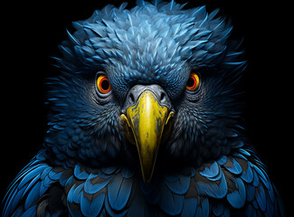 Fototapeta premium A Colorful Beautyful parrot Bird in blue and Gold Feathers, perfect closeup portrait, Dark Dramatic light.