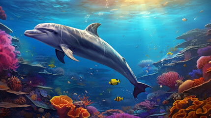 Fototapeta na wymiar Dolphin swims